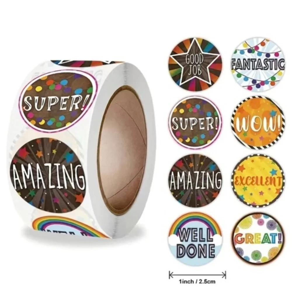 New! 500 Colorful Motivational Sticker Roll Wow Well Done Great Excellent